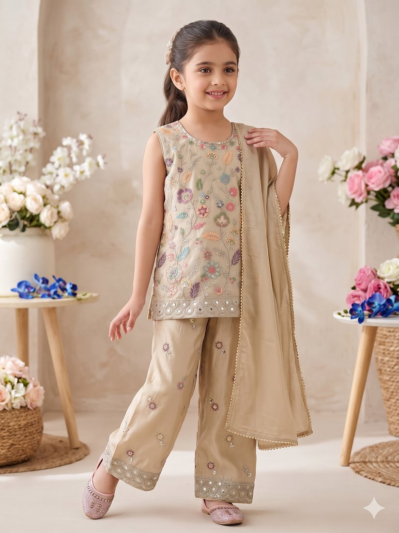 Evanik Girls' Beige Embroidered Kurta With Palazzos & Dupatta Set - Ethnic Festive Wear | Grocsy