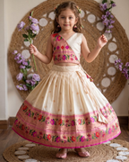 Evanik White Kids Paithani Silk Lotus Pattern Lehenga Choli | Grocsy