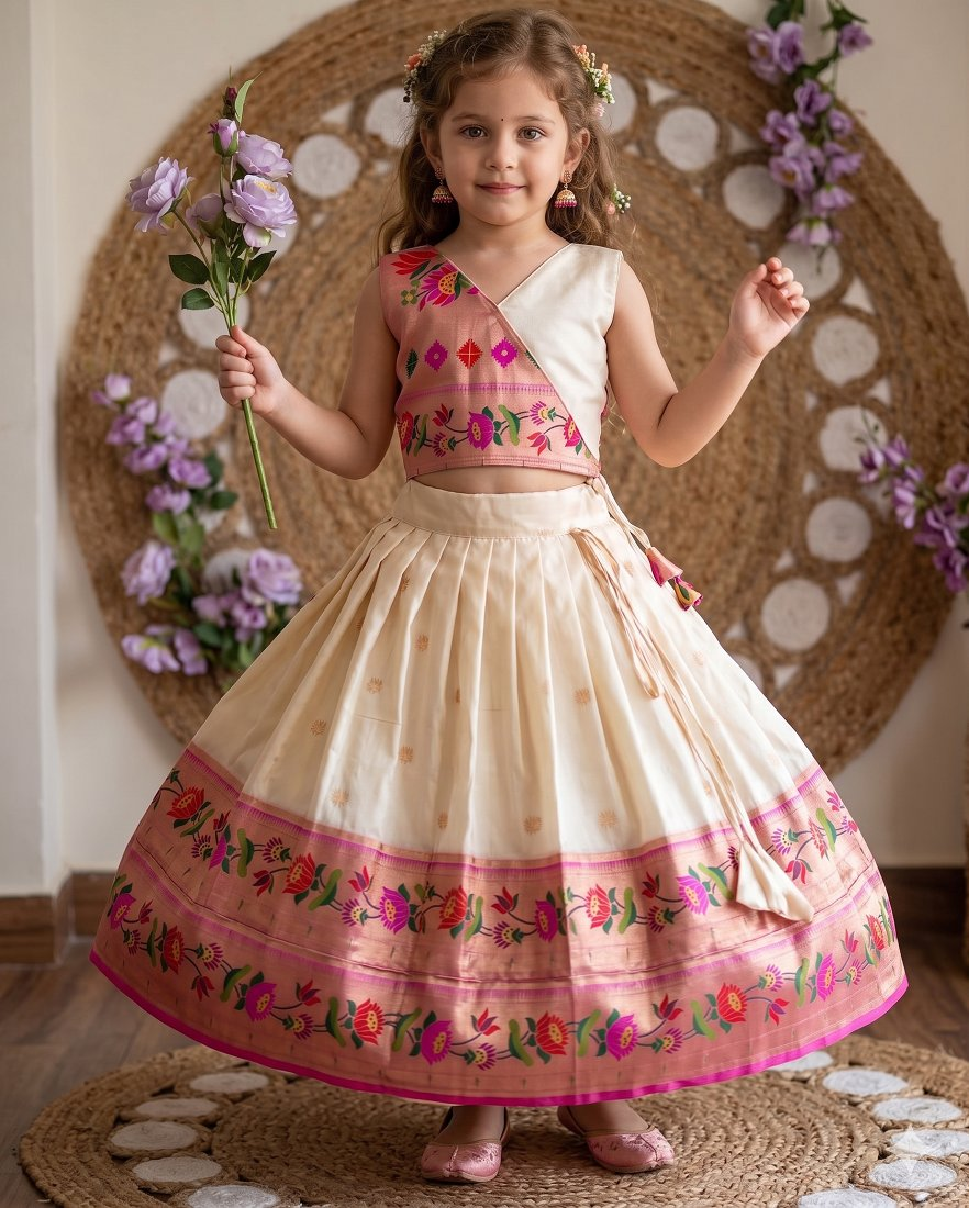 Evanik White Kids Paithani Silk Lotus Pattern Lehenga Choli | Grocsy