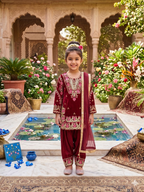 Evanik Maroon Girls Maroon Silk Embroidered Kurta Farshi Palazzo Set With Dupatta - Festive Wear | Grocsy