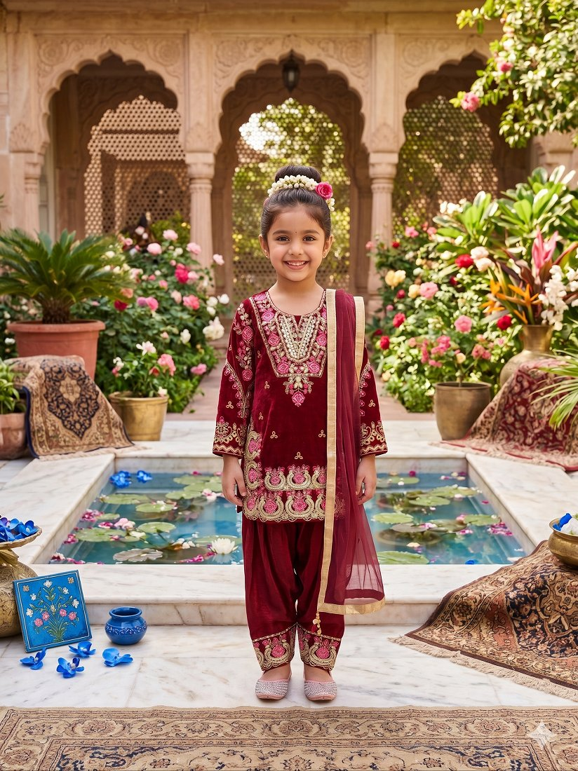 Evanik Maroon Girls Maroon Silk Embroidered Kurta Farshi Palazzo Set With Dupatta - Festive Wear | Grocsy