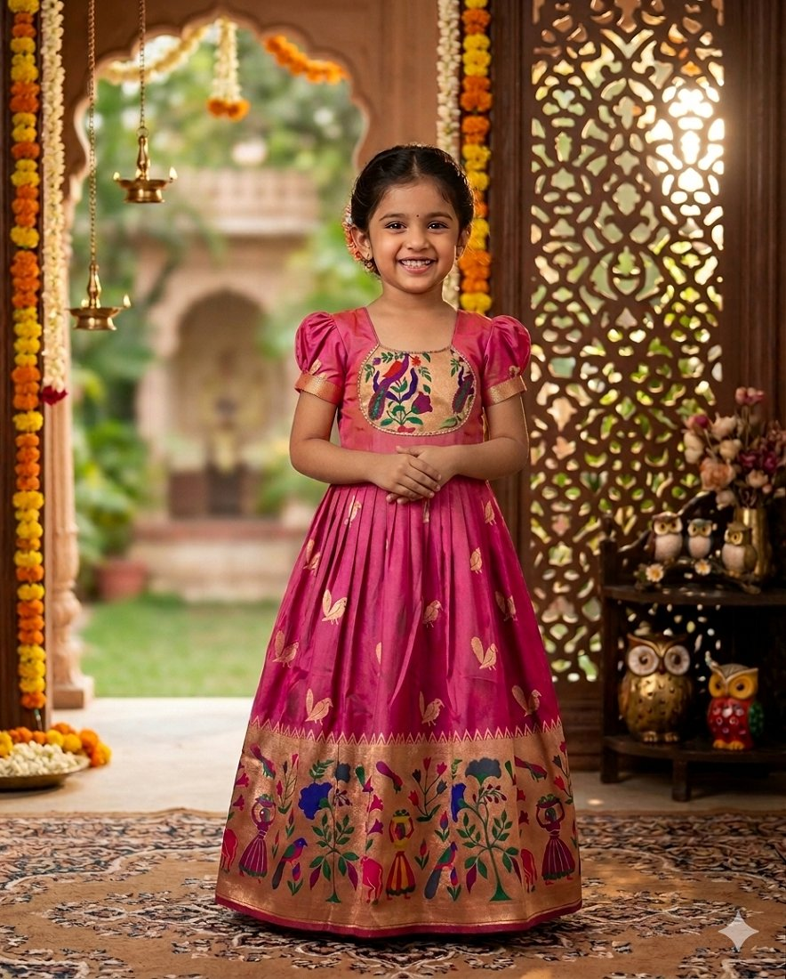 Evanik Pink Soft Paithani Silk Zari Weaving Birds Pattern Kids Gown | Grocsy