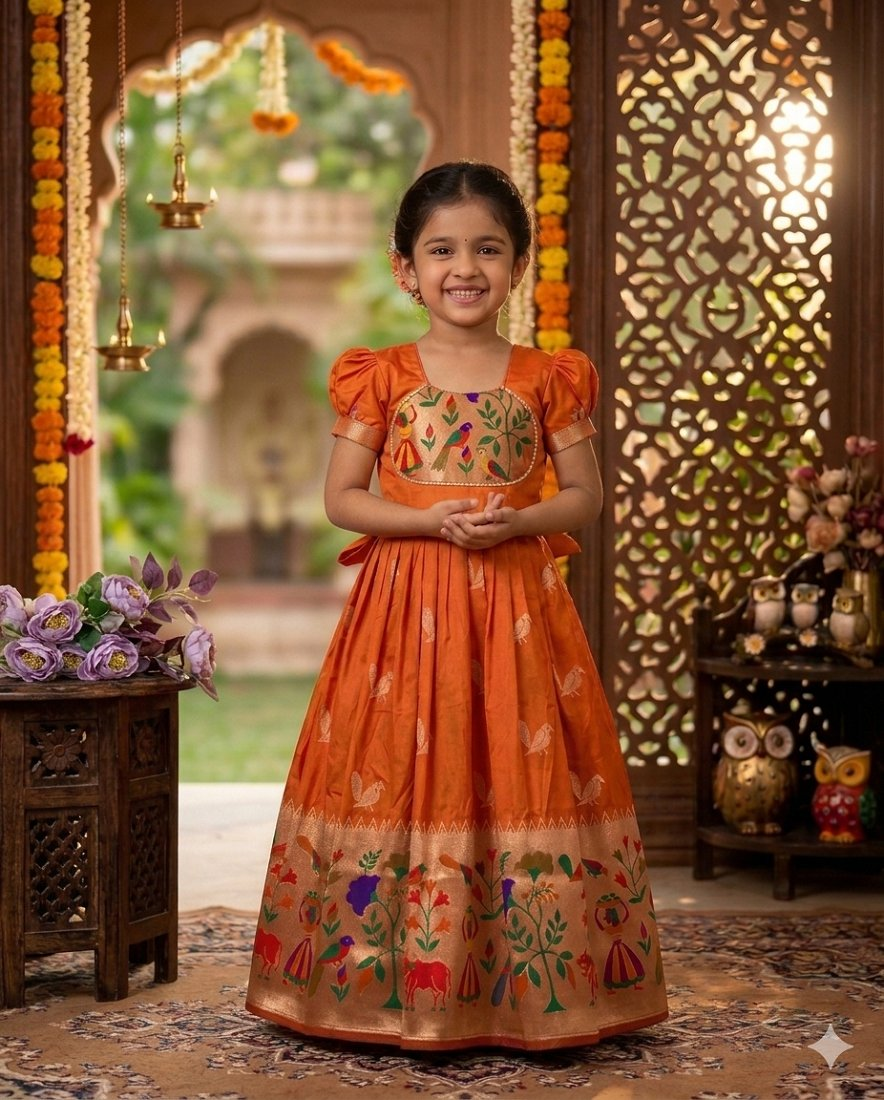 Evanik Orange Soft Paithani Silk Zari Weaving Birds Pattern Kids Gown | Grocsy