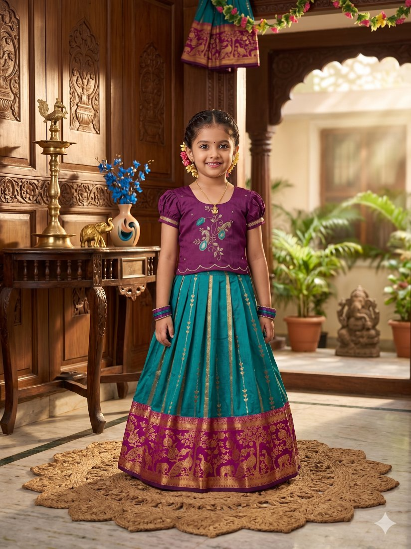 Evanik Teal Purple Pure Silk Zari With Heavy Maggam Work Lehenga Choli for Kids | Grocsy