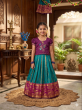 Evanik Teal Purple Pure Silk Zari With Heavy Maggam Work Lehenga Choli for Kids | Grocsy