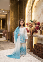 Evanik Sky Blue Designer Party Wear Heavy Natural Crepe Kids Top Palazzo & Dupatta Set | Grocsy