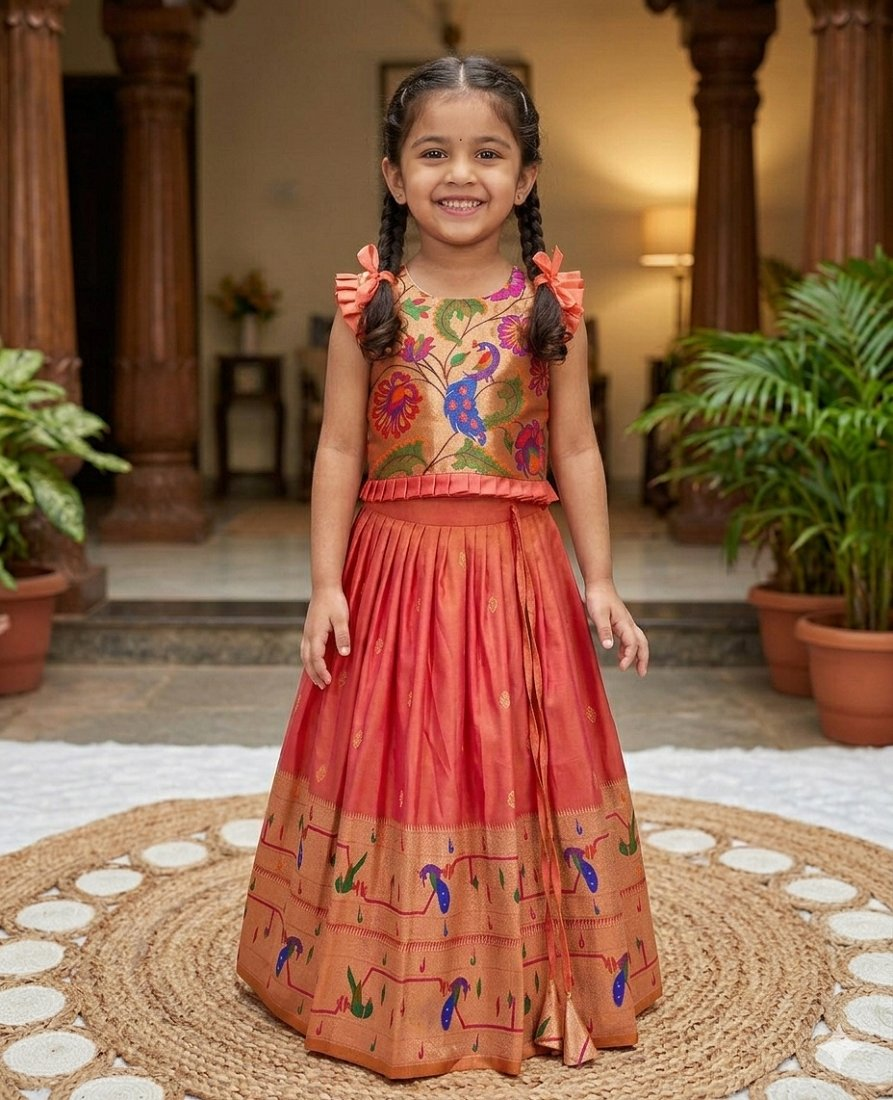 Evanik Designer Coral Pink Soft Silk Paithani Design Lehenga Choli For Girls-Party & Ethnic Wear | Grocsy