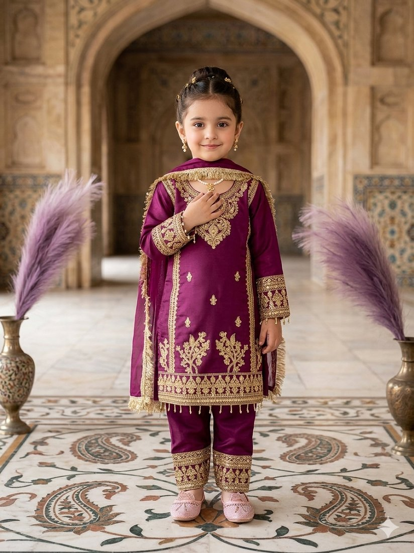 Evanik Purple Designer Party Wear Heavy Silk Kids Top Pant & Dupatta Set | Grocsy