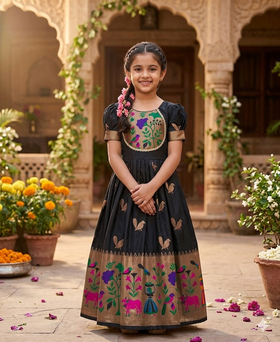Evanik Black Soft Paithani Silk Zari Weaving Birds Pattern Kids Gown | Grocsy