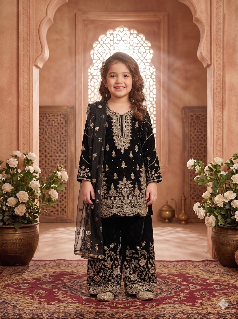 Evanik Black Designer Wedding Embroidered Work Kids Palazzo Set | Grocsy