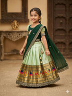 Evanik Green Kids Paithani Simmer Silk Zari Weaving Pavadai Lehenga Choli Set | Grocsy