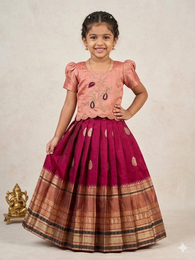 Evanik Peach Kids Silk Zari Weaving Work Lehenga Choli | Grocsy