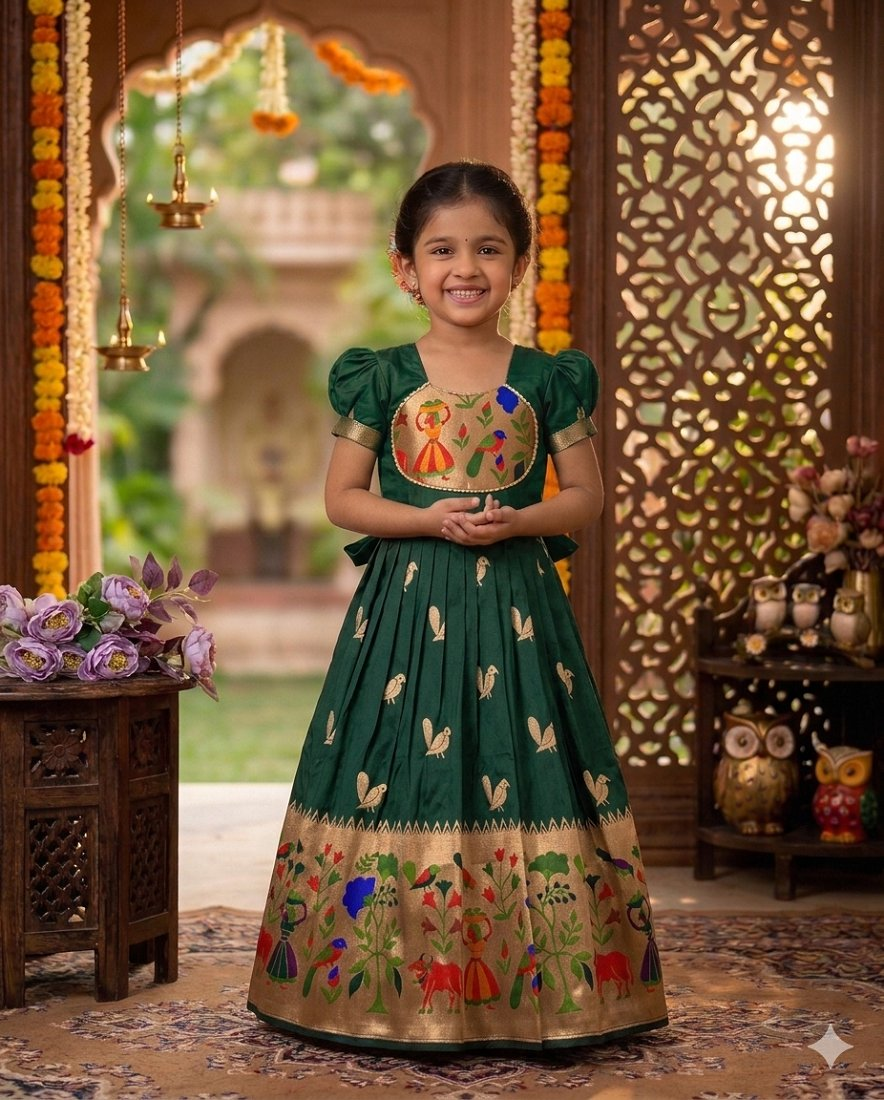 Evanik Green Soft Paithani Silk Zari Weaving Birds Pattern Kids Gown | Grocsy