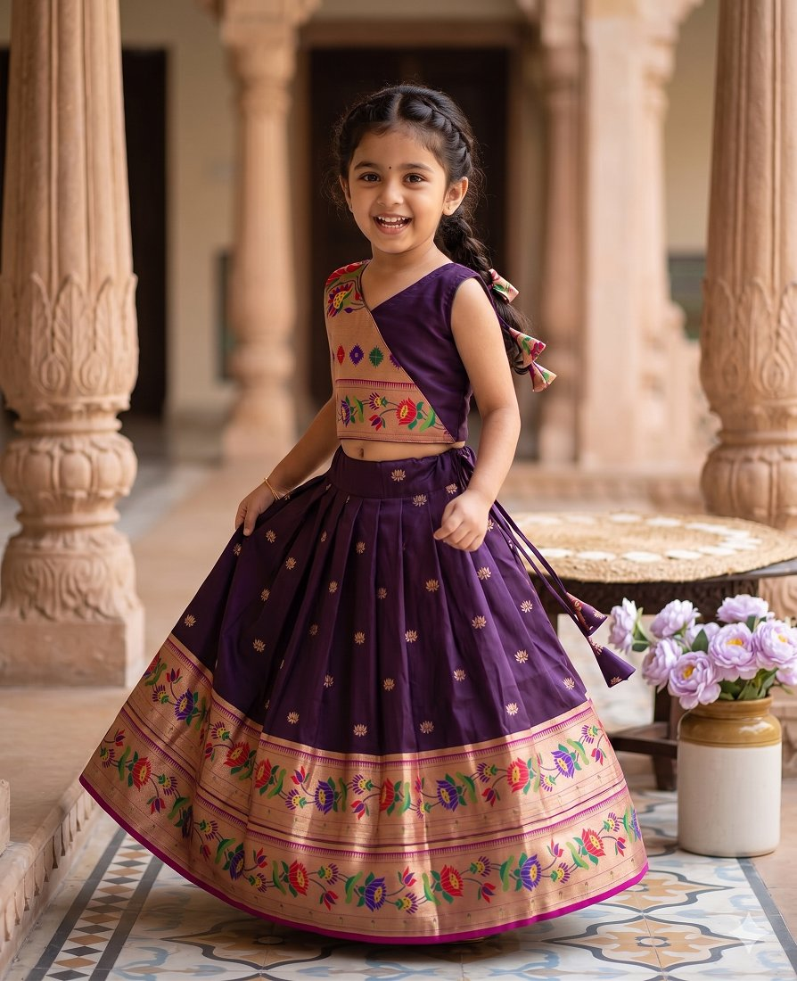Evanik Purple Kids Paithani Silk Lotus Pattern Lehenga Choli | Grocsy