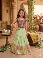 Evanik Girls Sea Green Soft tissue Butterfly Print Lehenga Choli with 3D Weaving Work | Grocsy