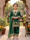 Evanik Green Designer Party Wear Heavy Silk Kids Top Pant & Dupatta Set | Grocsy