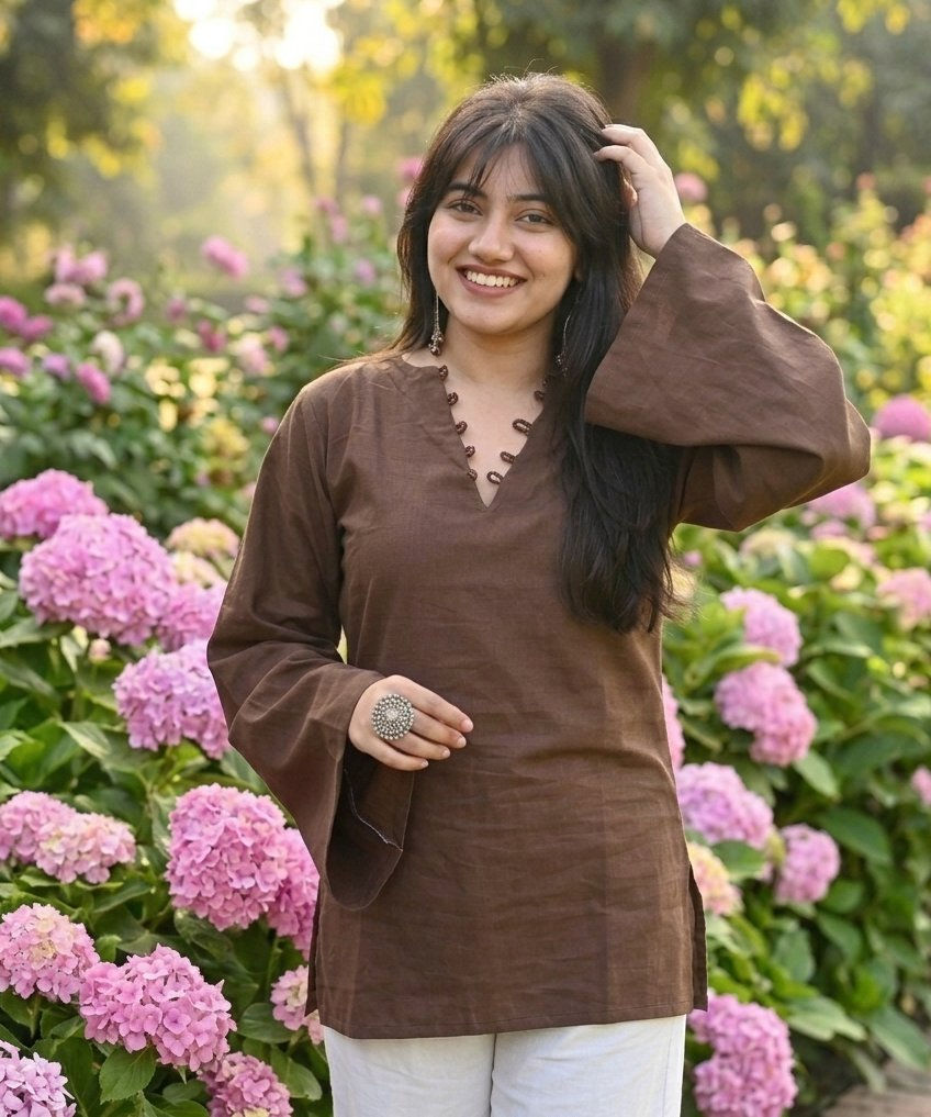 Jaitra Apparels Pure Cotton Solid Brown Kurti with Back Dori | Grocsy