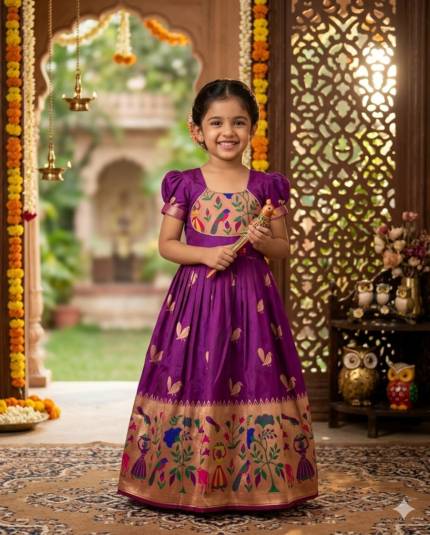 Evanik Purple Soft Paithani Silk Zari Weaving Birds Pattern Kids Gown | Grocsy