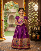 Evanik Purple Soft Paithani Silk Zari Weaving Birds Pattern Kids Gown | Grocsy