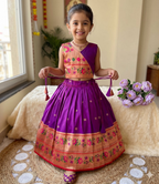 Evanik Purple Kids Paithani Silk Lotus Pattern Lehenga Choli | Grocsy
