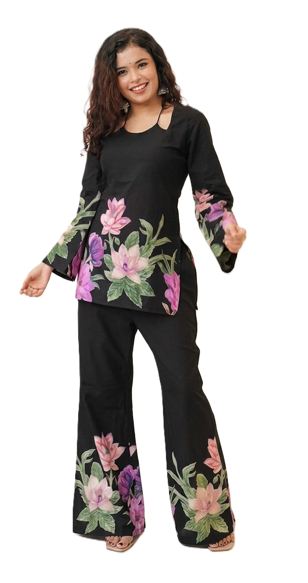 Jaitra Apparels Black Pichwai Print Pure Cotton Cord set with Back Dori and Halter Neck Dori | Grocsy