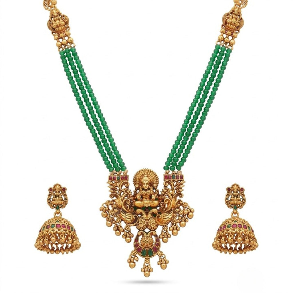 Jewel City Antique Gold-Plated Lakshmi Pendant Green Bead Necklace Set with Jhumka Earrings - Traditional Temple Jewelry | Grocsy