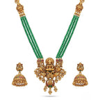 Jewel City Antique Gold-Plated Lakshmi Pendant Green Bead Necklace Set with Jhumka Earrings - Traditional Temple Jewelry | Grocsy
