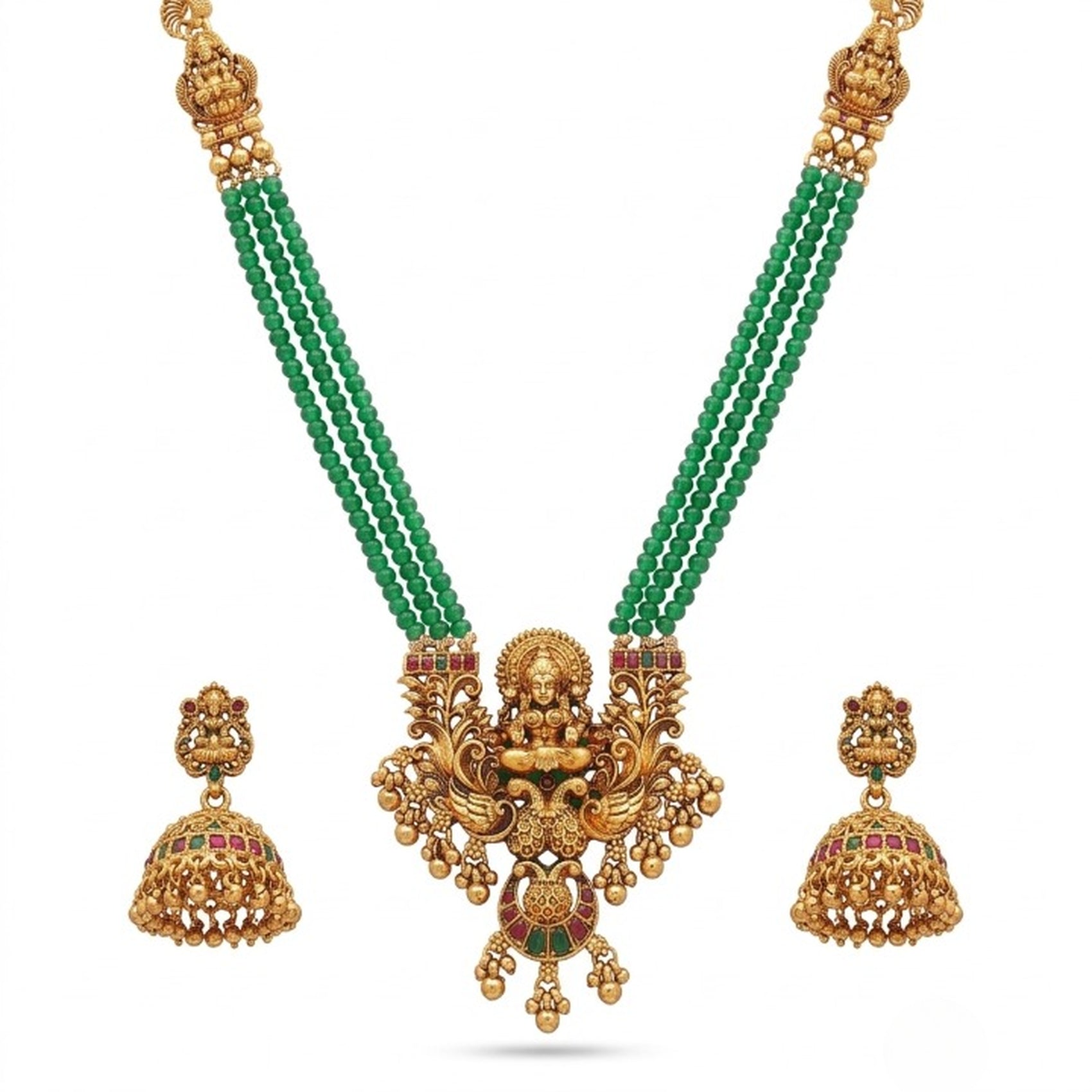 Jewel City Antique Gold-Plated Lakshmi Pendant Green Bead Necklace Set with Jhumka Earrings - Traditional Temple Jewelry | Grocsy