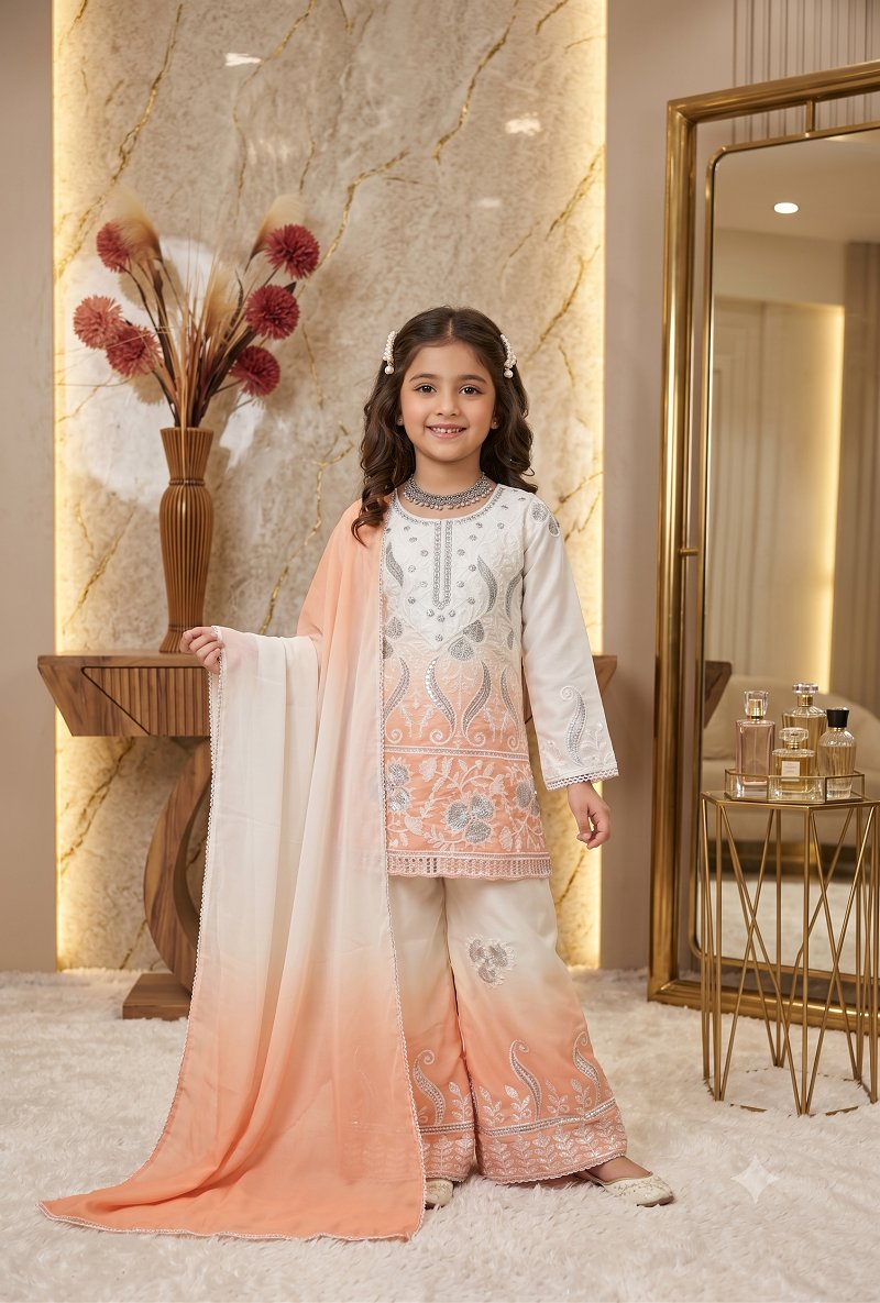Evanik Peach Designer Party Wear Heavy Natural Crepe Kids Top Palazzo & Dupatta Set | Grocsy