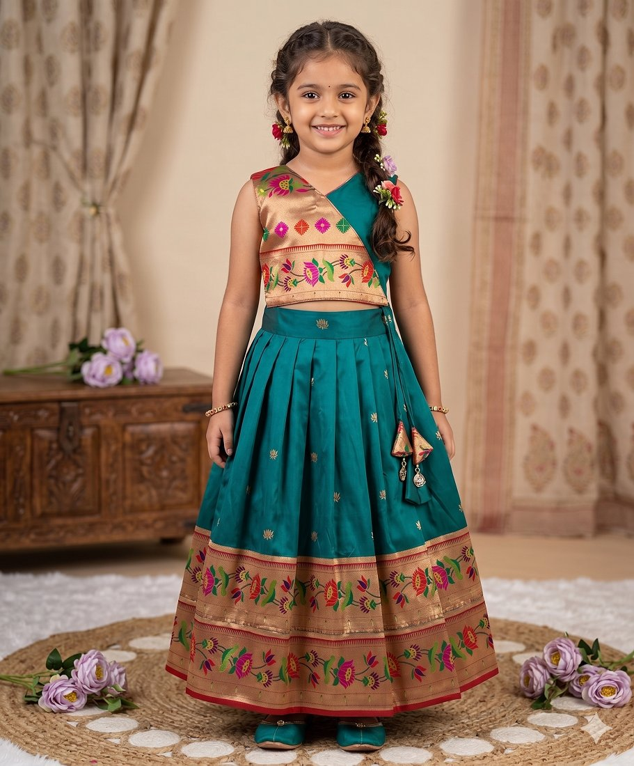 Evanik Blue Kids Paithani Silk Lotus Pattern Lehenga Choli | Grocsy