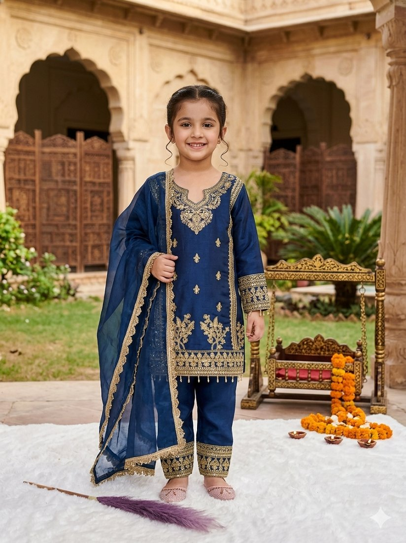 Evanik Blue Designer Party Wear Heavy Silk Kids Top Pant & Dupatta Set | Grocsy