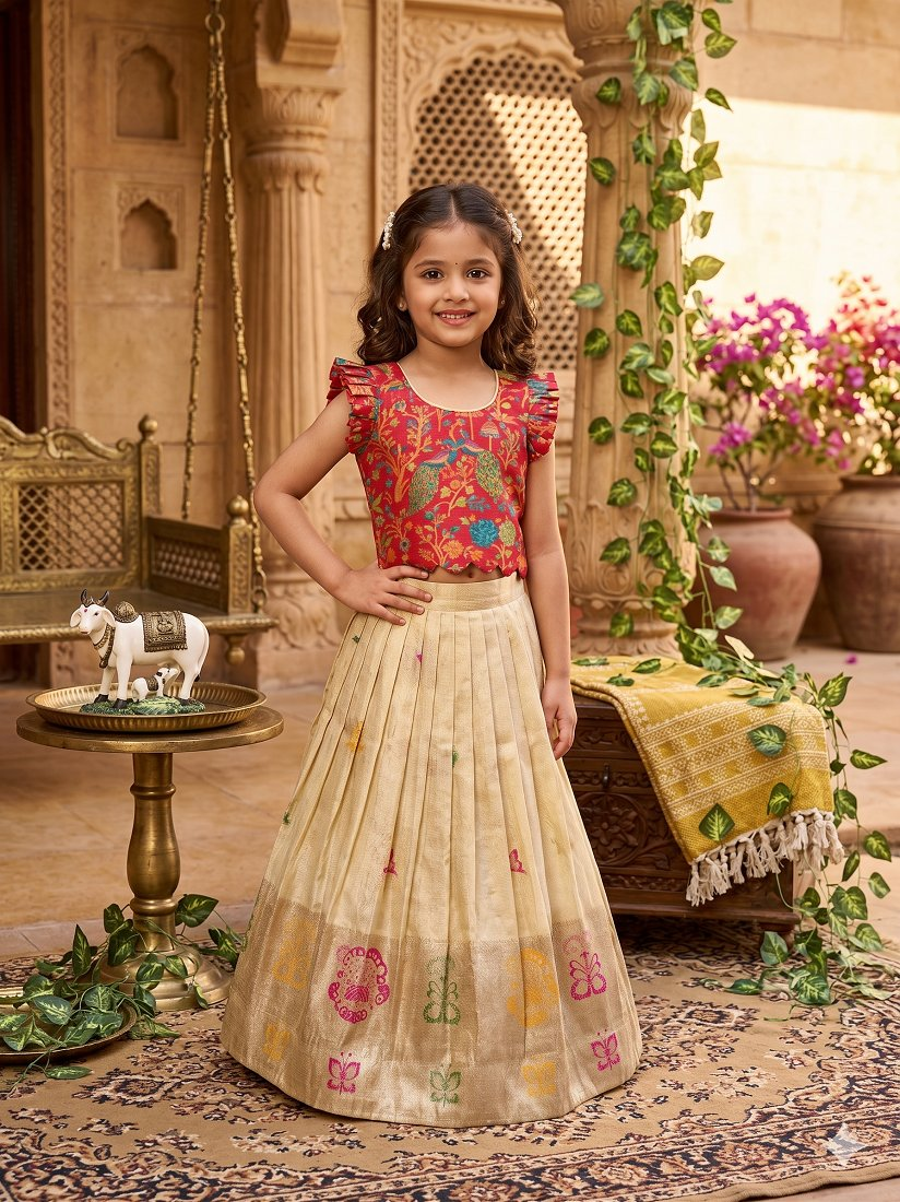 Evanik Girls Cream Soft tissue Butterfly Print Lehenga Choli with 3D Weaving Work | Grocsy