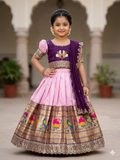 Evanik Purple Kids Paithani Simmer Silk Zari Weaving Pavadai Lehenga Choli Set | Grocsy