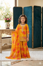 Evanik Yellow Faux Georgette Digital Print With Embroidered Work Kids Sharara Set | Grocsy