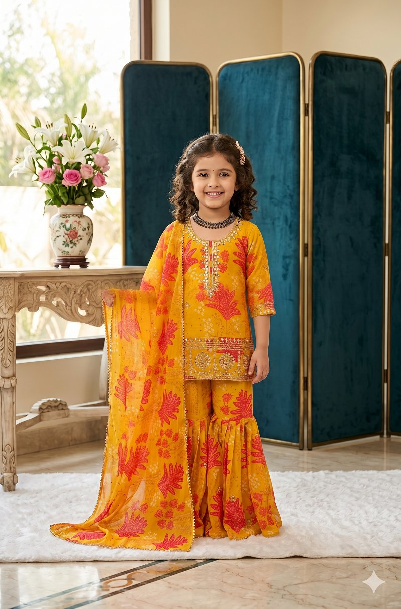 Evanik Yellow Faux Georgette Digital Print With Embroidered Work Kids Sharara Set | Grocsy