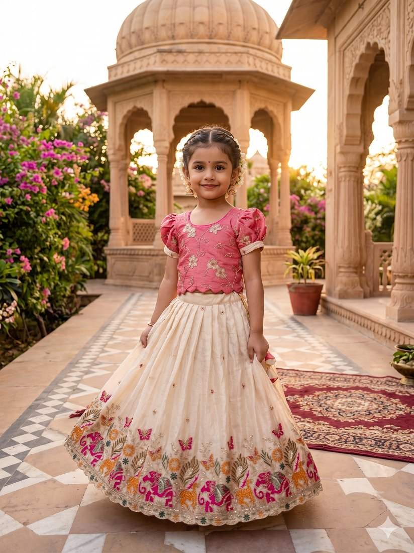 Evanik Pink Space Silk Elephant Mission Embroidered Work Kids Lehenga Choli Set | Grocsy