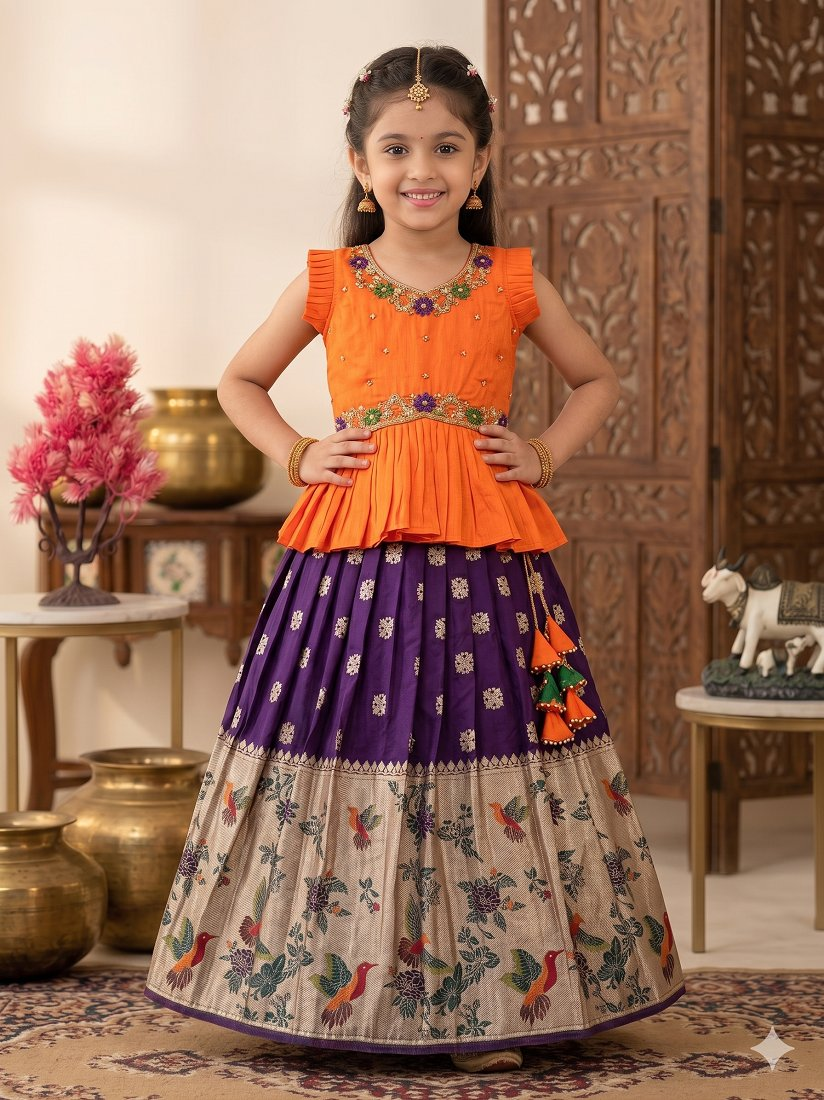 Evanik Orange Soft Khadi Georgette With Beutifull Handwork Kids Lehenga Choli | Grocsy