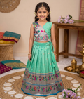 Evanik Turquoise Kids Paithani Silk Lotus Pattern Lehenga Choli | Grocsy