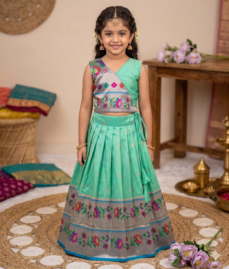 Evanik Turquoise Kids Paithani Silk Lotus Pattern Lehenga Choli | Grocsy