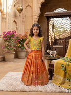 Evanik Girls Orange Soft tissue Butterfly Print Lehenga Choli with 3D Weaving Work | Grocsy