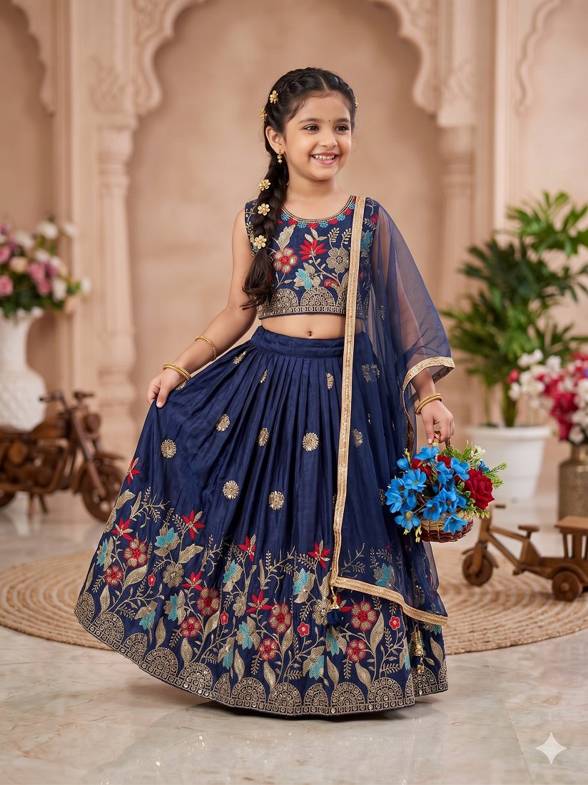 Evanik Blue Designer Sequence Embroidered Work Wedding Kids Lehenga Choli | Grocsy