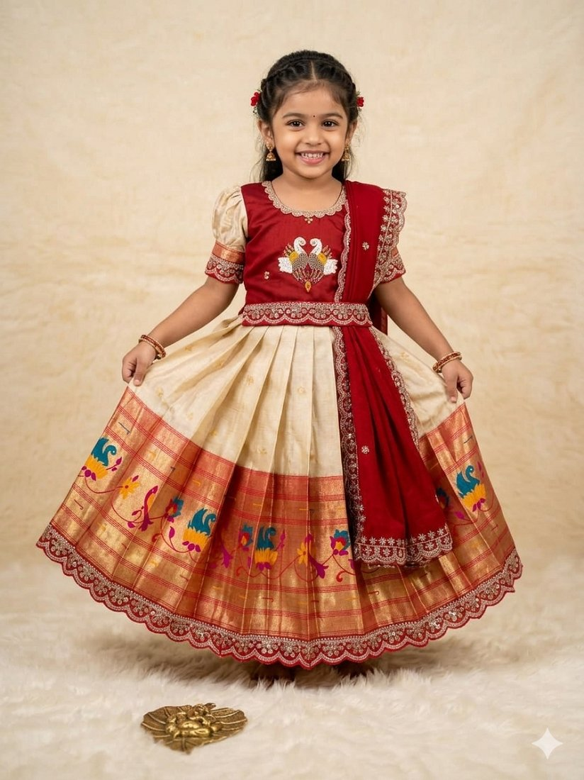 Evanik Red Kids Paithani Simmer Silk Zari Weaving Pavadai Lehenga Choli Set | Grocsy