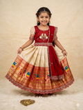 Evanik Red Kids Paithani Simmer Silk Zari Weaving Pavadai Lehenga Choli Set | Grocsy
