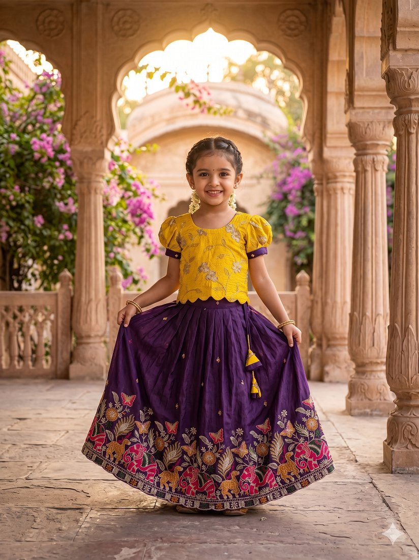 Evanik Yellow Space Silk Elephant Mission Embroidered Work Kids Lehenga Choli Set | Grocsy