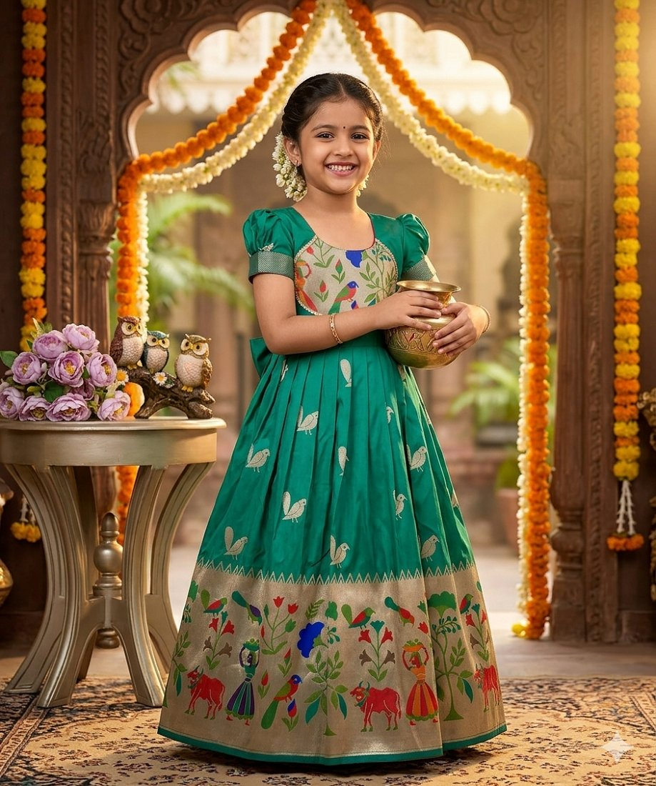 Evanik Rama Green Soft Paithani Silk Zari Weaving Birds Pattern Kids Gown | Grocsy