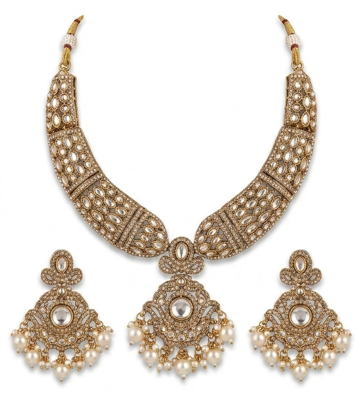Jewel City Gold Kundan Necklace Set With Pearl Drop Earrings For Bridal Weddings | Grocsy