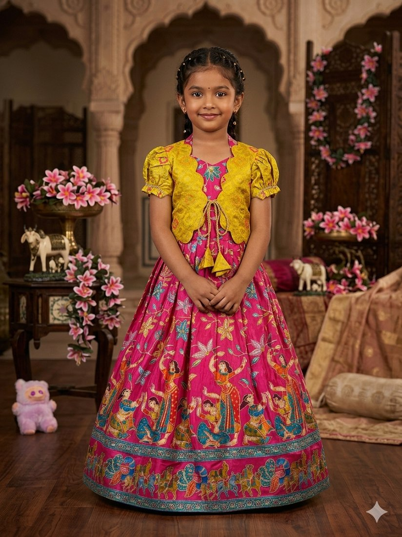 Evanik Pink Designer Viscose Natural Crepe Position With Kalamkari Work Gown Koti for Kids | Grocsy