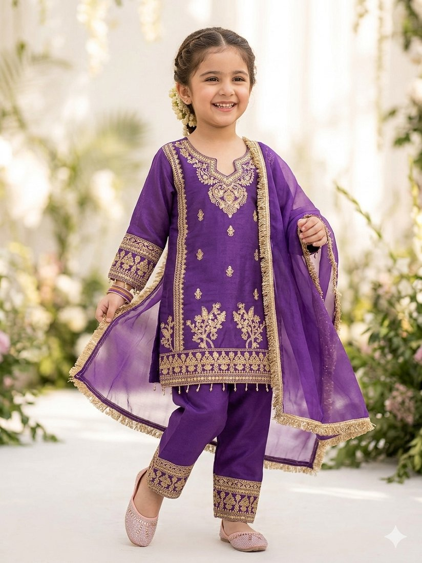 Evanik Purple Designer Party Wear Heavy Silk Kids Top Pant & Dupatta Set | Grocsy