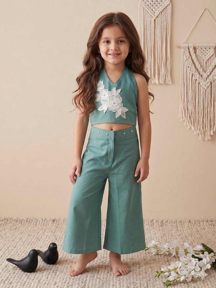 Evanik Green Pure Khadi Cotton With Patch Work Kids Summer Co-Ord Set | Grocsy
