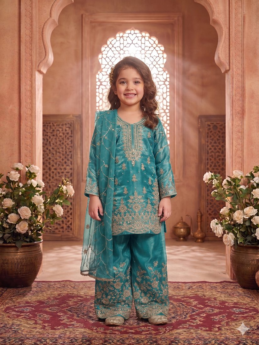Evanik Turquoise Designer Wedding Embroidered Work Kids Palazzo Set | Grocsy